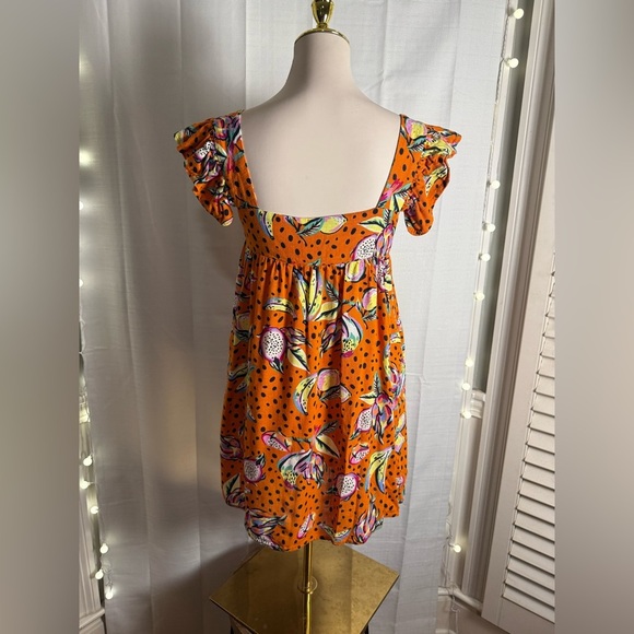 Kourt Linen Vibrant Orange Tiered Mini Sundress with Flutter Sleeves - Picture 2 of 8